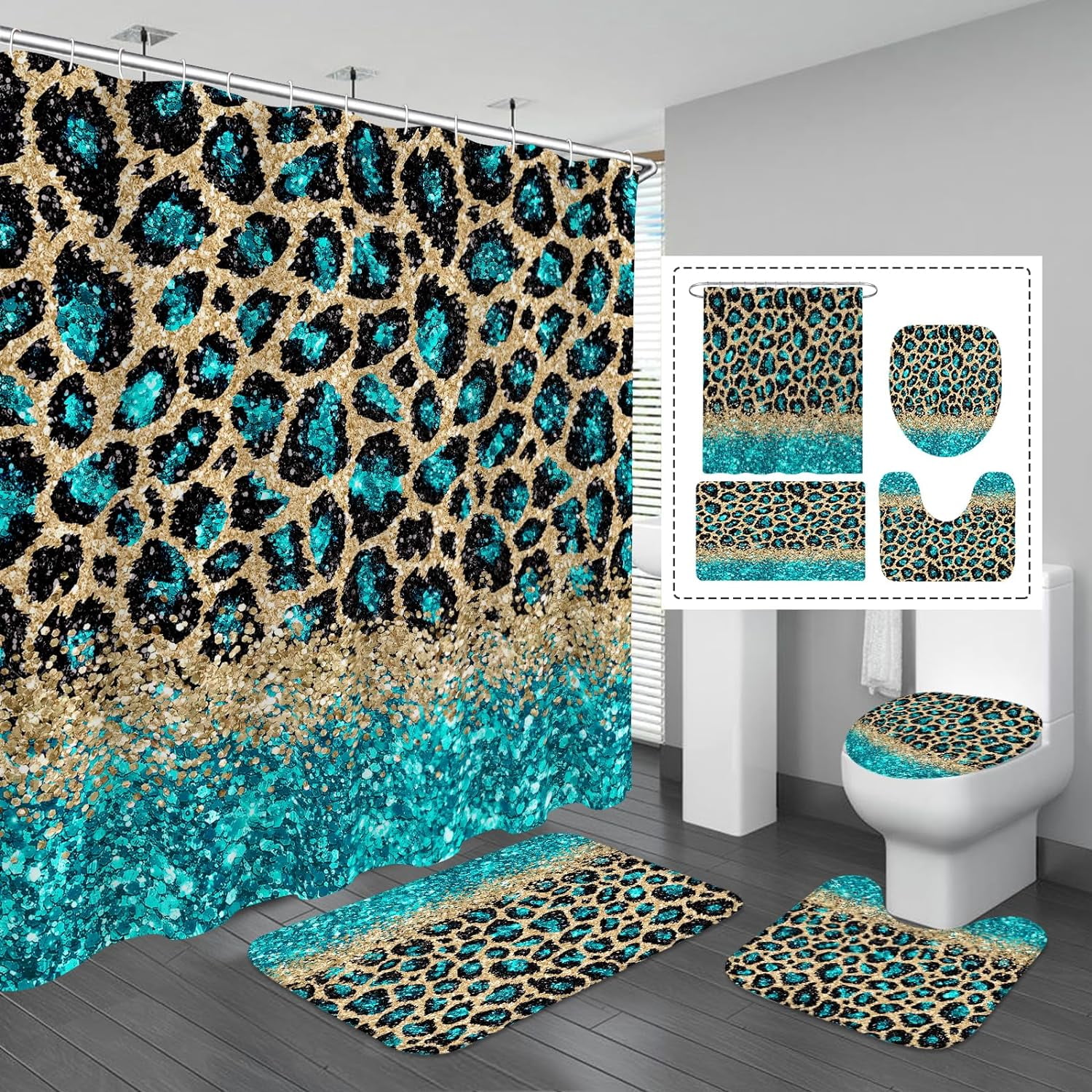 4 Pcs Leopard Print Shower Curtain Set with Non-Slip Rugs, Toilet Lid Cover and Bath Mat, Teal ...