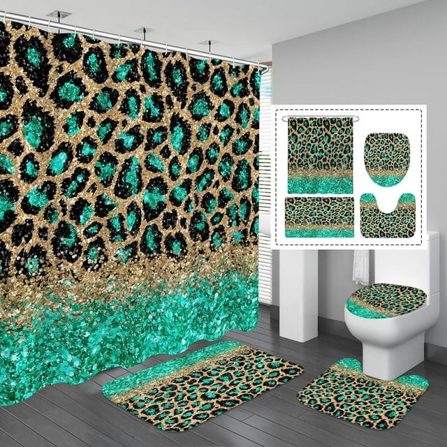 4 Pcs Leopard Print Shower Curtain Set with NonSlip Rugs, Toilet Lid