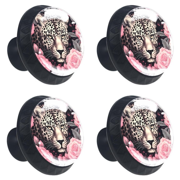 4 Pcs Leopard in Rose Flower Print Cabinet Knobs 30mm Round Crystal Glass Drawer Handles Pulls with Screws for Kitchen Cupboard Wardrobe Closet Dresser, Home&Office