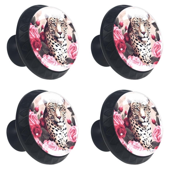 4 Pcs Leopard in Rose Flower Print Cabinet Knobs 30mm Round Crystal Glass Drawer Handles Pulls with Screws for Kitchen Cupboard Wardrobe Closet Dresser, Home&Office