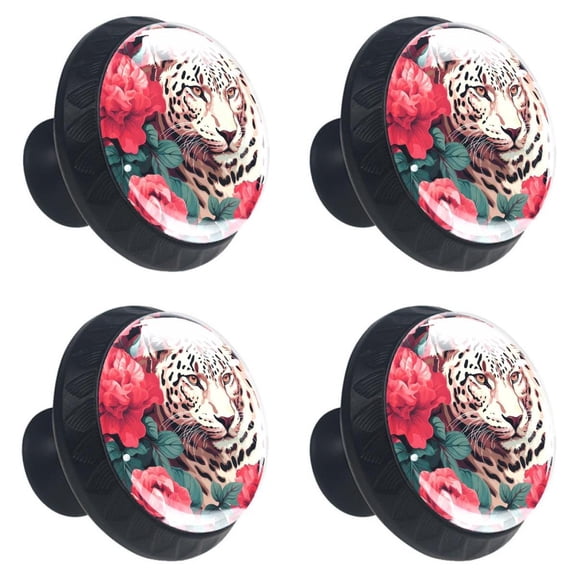 4 Pcs Leopard in Rose Flower Print Cabinet Knobs 30mm Round Crystal Glass Drawer Handles Pulls with Screws for Kitchen Cupboard Wardrobe Closet Dresser, Home&Office