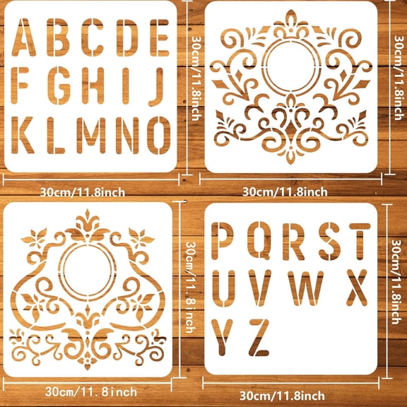 4 Pcs Letter Stencil 11.8x11.8 inch Gorgeous Frame Stencil Plastic 26 Letters & Flower Frame Patterns Stencil Reusable DIY Art and Craft Stencil for DIY Projects Painting Drawing Crafts