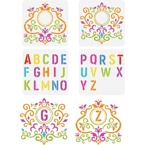 4 Pcs Letter Stencil 11.8x11.8 inch Gorgeous Frame Stencil Plastic 26 Letters & Flower Frame Patterns Stencil Reusable DIY Art and Craft Stencil for DIY Projects Painting Drawing Crafts Mixed Color