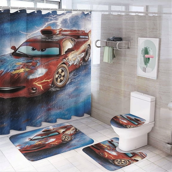 4 Pcs Lightning Pattern Race Car Shower Curtain Set with Non-Slip Rugs Bathroom Set Bathroom Carpet Bath Mat And Toilet Rugs