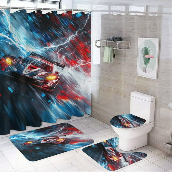 4 Pcs Lightning Pattern Race Car Shower Curtain Set with Non-Slip Rugs Bathroom Set Bathroom Carpet Bath Mat And Toilet Rugs