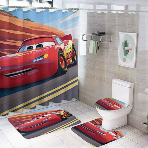 4 Pcs Lightning Pattern Race Car Shower Curtain Set with Non-Slip Rugs Bathroom Set Bathroom Carpet Bath Mat And Toilet Rugs