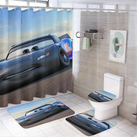 4 Pcs Lightning Pattern Race Car Shower Curtain Set with Non-Slip Rugs Bathroom Set Bathroom Carpet Bath Mat And Toilet Rugs