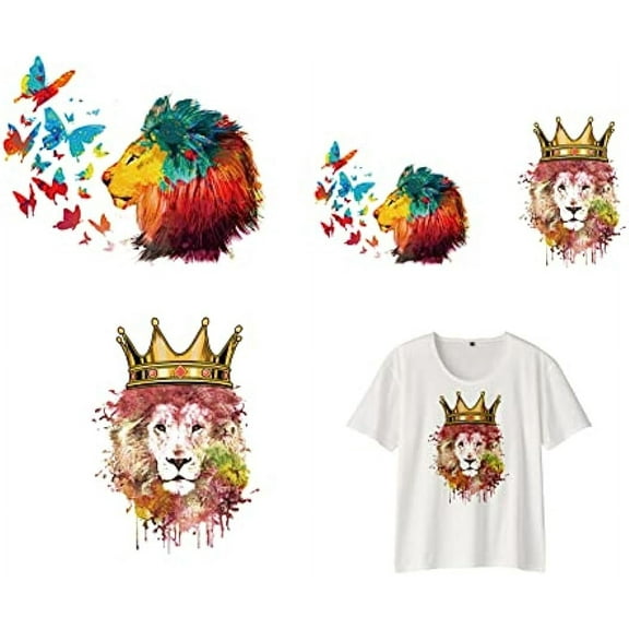 4 Pcs Lion Heat Transfer Stickers Iron On Transfer Patches Butterfly Crown Pattern DIY PET Iron On Transfers Patches