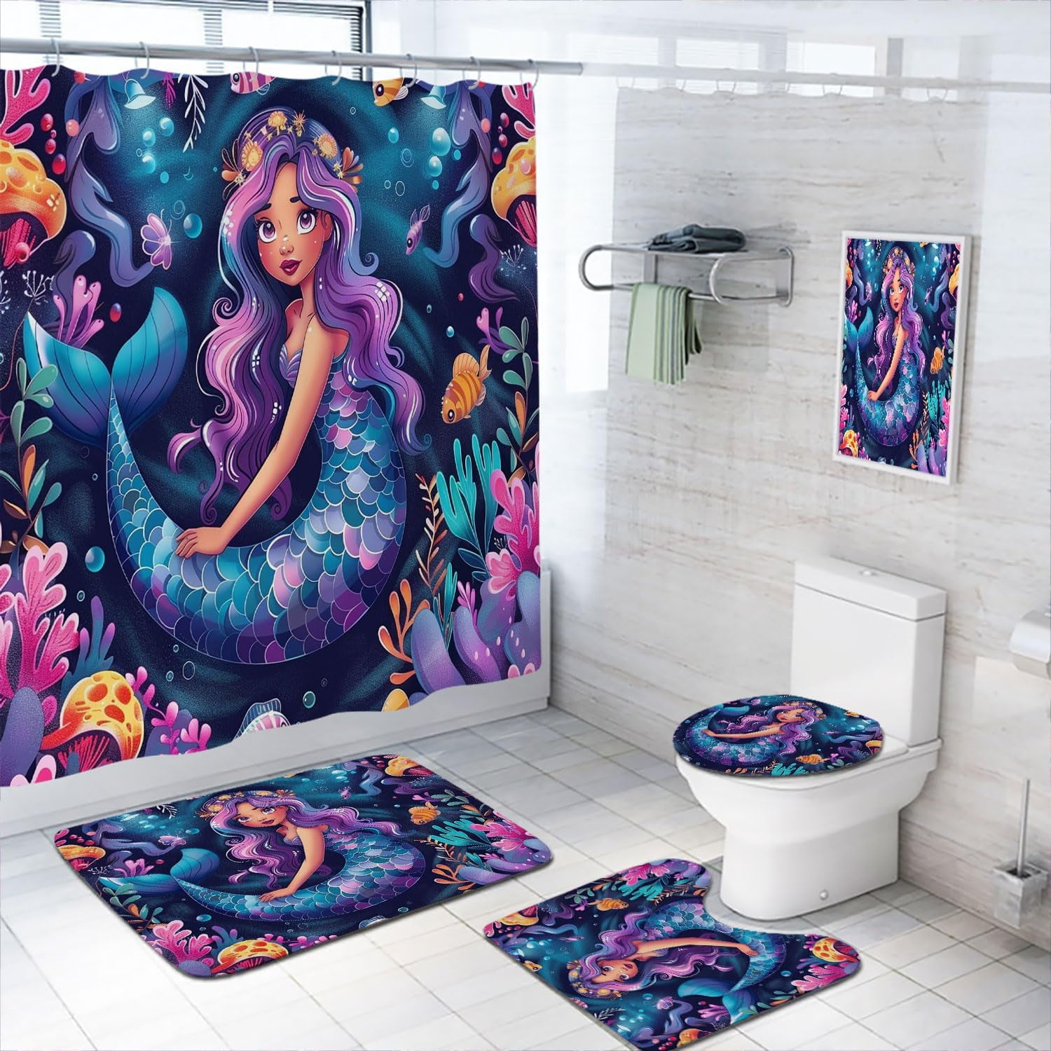 4 Pcs Little Mermaid Shower Curtain Set with Rugs,Toilet Lid Cover