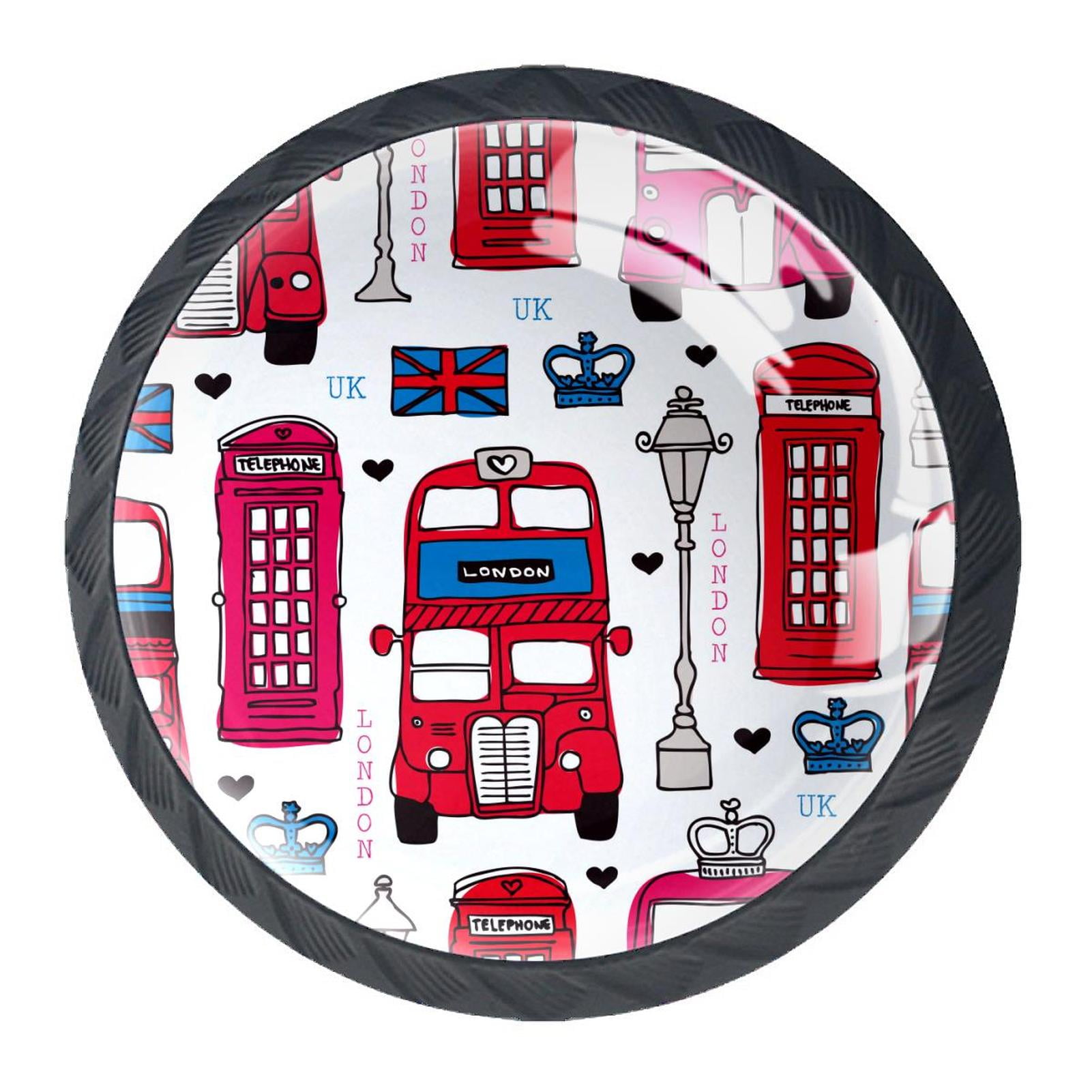 4 Pcs London Love UK Bus Knobs for Kitchen Cabinet Cupboard Dresser Bookcase Drawer Pulls Handles Round Home Decor