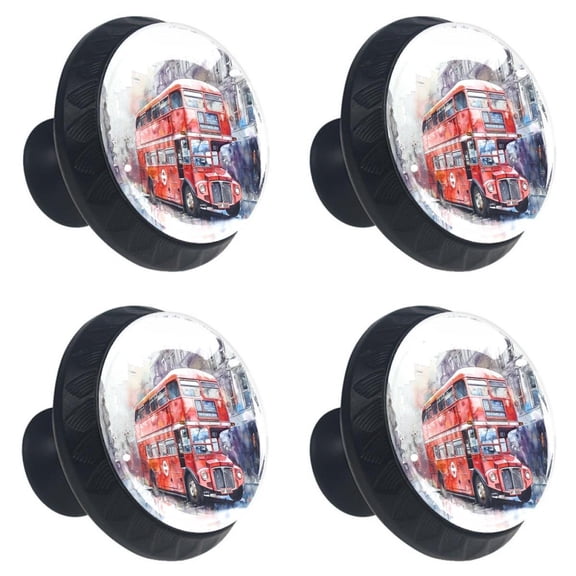 4 Pcs London Red Bus on Paris Street Print Cabinet Knobs 30mm Round Crystal Glass Drawer Handles Pulls with Screws for Kitchen Cupboard Wardrobe Closet Dresser, Home&Office