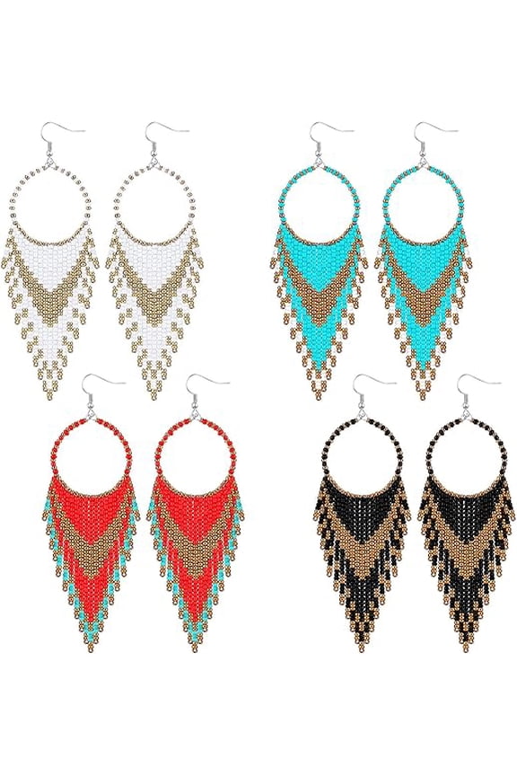 4 Pcs Long Beaded Tassel Earrings Bohemia Colorful Native Handmade Statement Fringe Drop Boho Dangle Women