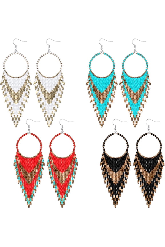4 Pcs Long Beaded Tassel Earrings Bohemia Colorful Native Handmade Statement Fringe Drop Earrings Boho Dangle Tassel Earrings for Women(Elegant Color)