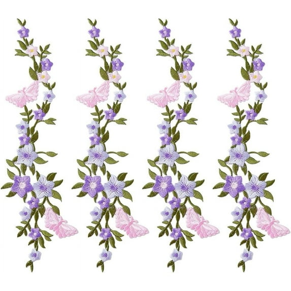 4 Pcs Long Floral Iron on Patches Flower Embroidered Patches Applique Repair Patch for Clothes Dresses Bag Pants Hats DIY Craft Decorative