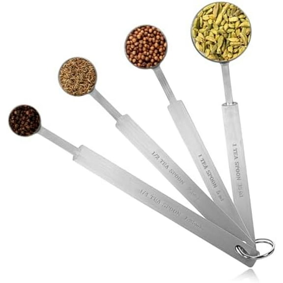 4 Pcs Long Handle Measuring Spoons Set Stainless Steel Measuring Spoon Set Metal Coffee Scoop Tablespoon Teaspoon for Liquid Solid Powder Ingredients (1/4 tsp, 1/2 tsp, 1 tsp, 1 tbsp)