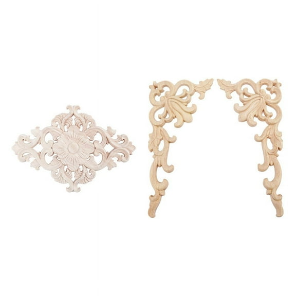 4 Pcs Lots Wood Carved Long Onlay Applique Unpainted Flower Walls Cabinets Door Decor