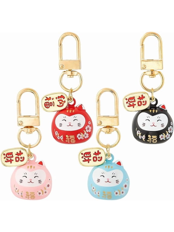 4 Pcs Lucky Cat Keychains 4 Colors Lucky Cat Bell Charms Japanese Style Brass Hanging Kitty Pendants for Car Bag Hanging Ornaments DIY
