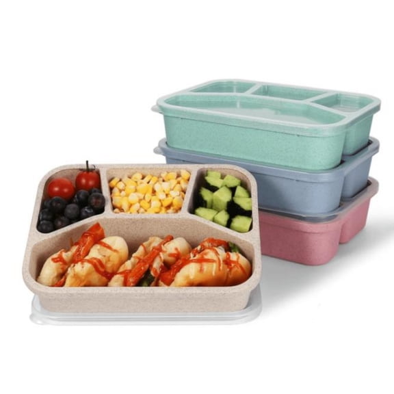4 Pcs Lunch Boxes, Dingrich 4-Compartment Wheat Straw and PP Stackable Lunch Boxes for Offices, Picnics, Camping