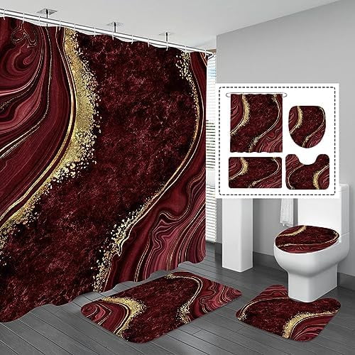4 Pcs Luxury Marble Shower Curtain Set with Non-Slip Rugs, Toilet Lid ...