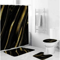 4 Pcs Luxury Marble Shower Curtain Set with Non-Slip Rugs,Toilet Lid Cover and Bath Mat,Gold White Bathroom Decor Set with Shower Curtain and Rugs and Accessories