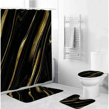 4 Pcs Luxury Marble Shower Curtain Set with Non-Slip Rugs,Toilet Lid Cover and Bath Mat,Gold White Bathroom Decor Set with Shower Curtain and Rugs and Accessories