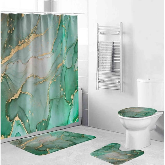 4 Pcs Luxury Marble Shower Curtain Set with Non-Slip Rugs,Toilet Lid Cover and Bath Mat,Gold White Bathroom Decor Set with Shower Curtain and Rugs and Accessories