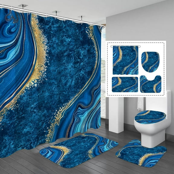4 Pcs Luxury Marble Shower Curtain Sets with Non-Slip Rugs, Toilet Lid Cover and Bath Mat, Gold Foil Navy Blue Bathroom Decor Set with Shower Curtain and Rugs and Accessories