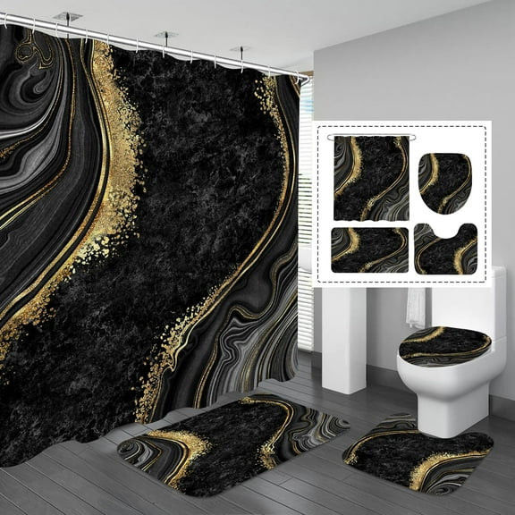 4 Pcs Luxury Marble Shower Curtain Sets with Non-Slip Rugs, Toilet Lid Cover and Bath Mat, Gold Foil Red Bathroom Decor Set with Shower Curtain and Rugs and Accessories