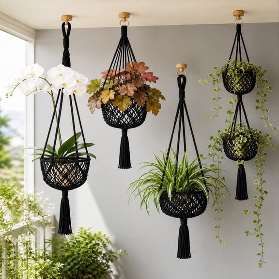 4 Pcs Macrame Hanging Baskets, Boho Plant Hangers for Indoor Pots, Fabric Hanging Planter Holders for Home Decor, Balcony Garden Accessories and Summer Living Spaces