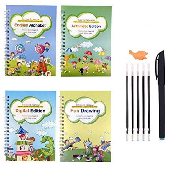 4 Pcs Magic Grooved Writing Practice Books, 6.9X4.9 inch, Reusable Handwriting Copybook with 1 Pen, 5 Pen Refills and 1 Pencil Grisp, Rewritable Handwriting Workbook, Multipurpose Practice Journal