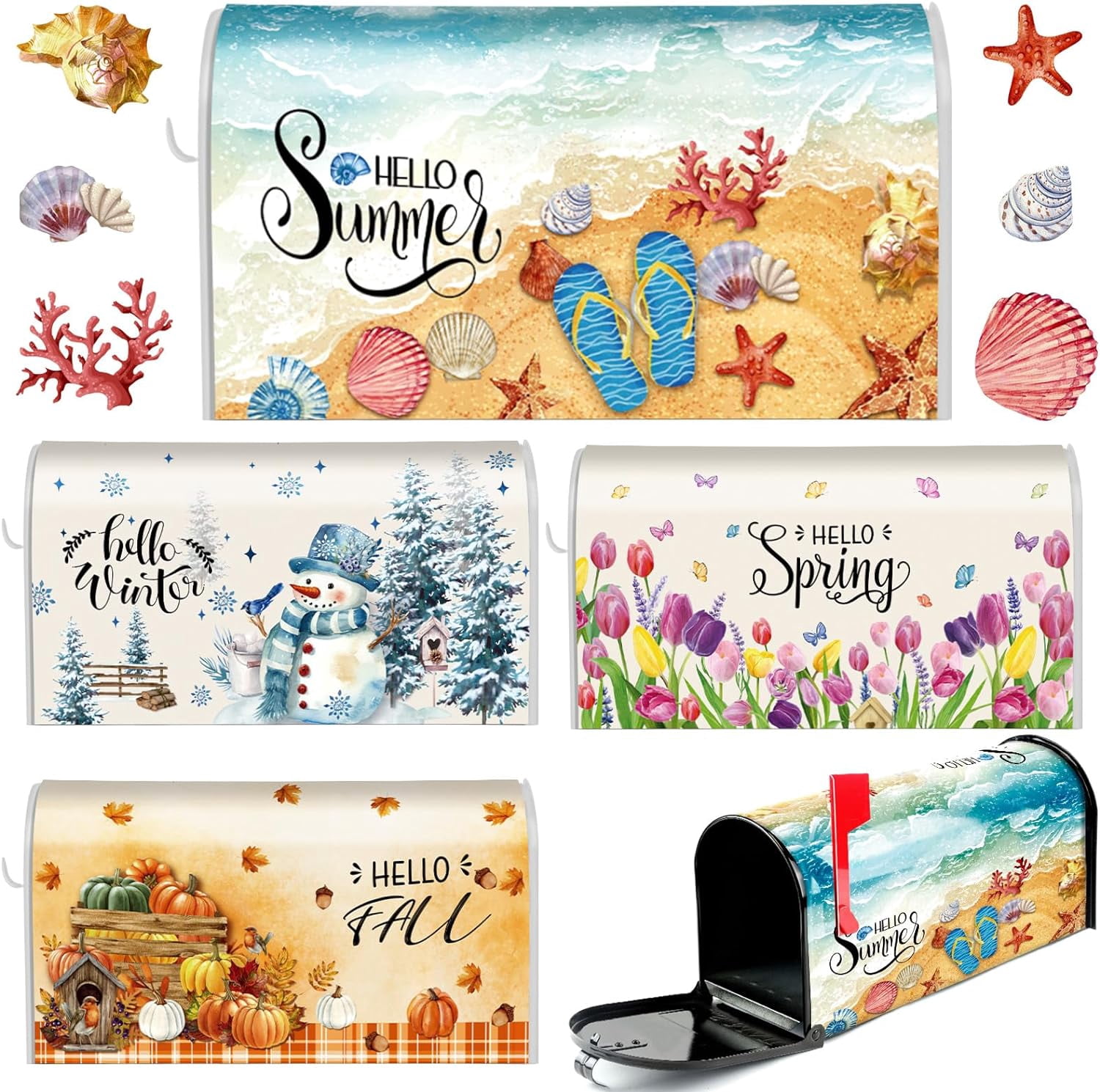 4 Pcs Mailbox Covers Magnetic Standard Size 18 x 21 Inch Hello Spring Summer Autumn Winter Magnetic Mailbox Covers Wraps for Holiday Christmas Garden Yard Home(Romantic Style)