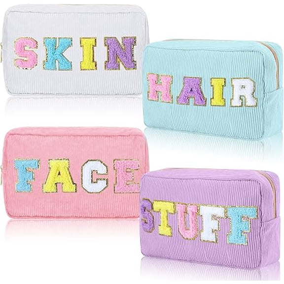 4 Pcs Makeup Bags Letter Travel Organizer Face Skin Hair Stuff Corduroy Cosmetic Toiletry Pouch Wedding Birthday Gifts for Women(Purple, Pink, White, Blue)