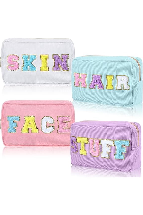 4 Pcs Makeup Bags Letter Travel Organizer Face Skin Hair Stuff Corduroy Cosmetic Toiletry Pouch Wedding Birthday Gifts for Women(Purple, Pink, White, Blue)