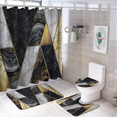 4 Pcs Marble Shower Curtain Sets, Black Marbled Irregular Geometric Bathroom Decor, Rug Toilet Lid Cover and Non-Slip U Shape Mat