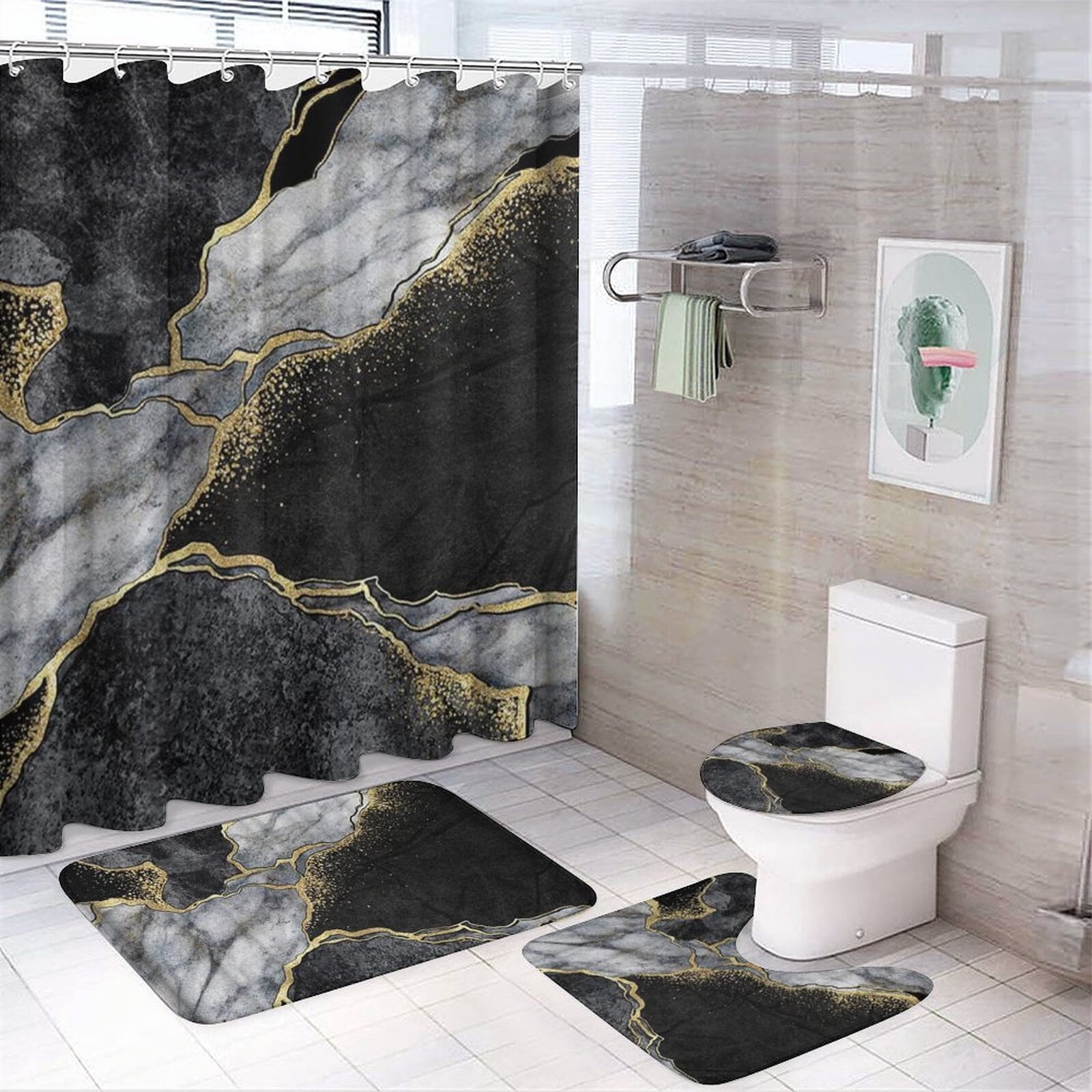 4 Pcs Marble Shower Curtain Sets, Gold Cracked Lines Black Grey Bathroom Decor, Rug Toilet Lid ...