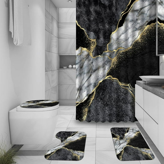 4 Pcs Marble Shower Curtain Sets, Gold Cracked Lines Crystal Geode Black Grey Bathroom Decor, Rug Toilet Lid Cover and Non-Slip U Shape Mat, Waterproof Polyester Shower Curtain with 12 Hooks