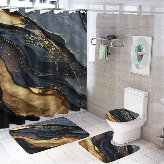 4 Pcs Marble Texture Shower Curtain Set with Non-Slip Rugs Bathroom Set Bathroom Carpet Bath Mat And Toilet Rugs