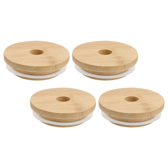 4 Pcs Jar Bamboo Lid Reusable Leak-proof Cup Wood Straw Holes Can Covers Beer Sealing Cap Tea Lids