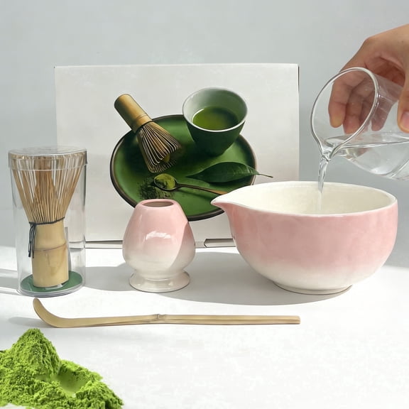 4 Pcs Matcha Whisk Set, Ceramic Matcha Kit Set Includes Matcha Bowl, Bamboo Scoop, Matcha Whisk and Holder-for Matcha Lovers（Pink）