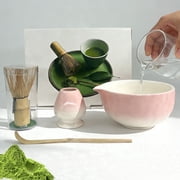 4 Pcs Matcha Whisk Set, Ceramic Matcha Kit Set Includes Matcha Bowl, Bamboo Scoop, Matcha Whisk and Holder-for Matcha Lovers（Pink）