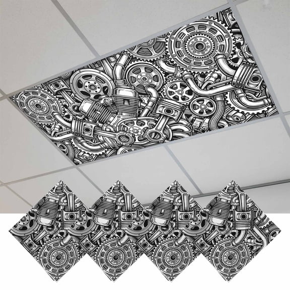 4 Pcs Mechanical Structure Fluorescent Light Covers Modern Industrial Metal Mechanical Parts Magnetic Light Covers for Ceiling Lights 4 x 2 ft Drop Ceiling Lights Cover Shade for Office, Home,