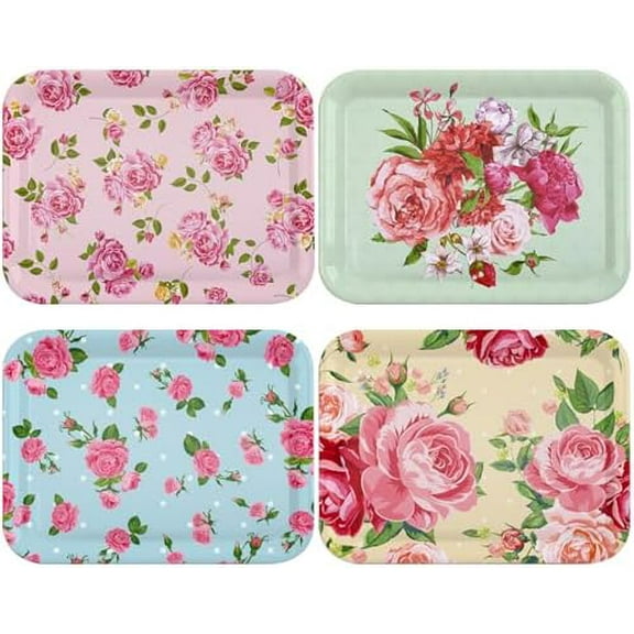 4 Pcs Melamine Serving Trays Platters Snack Trays Reusable Rectangle Platters for Sports Game Day Flower Tea Party Food Dessert Cookies Serving Plates Supplies, 13 x 9.7 Inch(Flower)