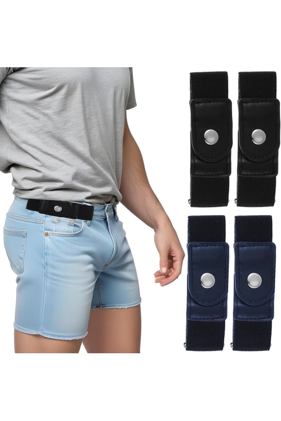 4 Pcs Men Side Belts No Buckle Elastic Belt Without Buckle Elastic Stretch Adjustable Belt Loop(Black + Dark Blue)