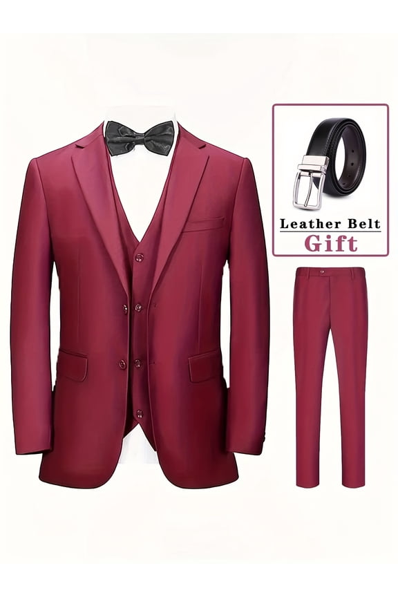 4 Pcs Men Suit Tuxedo Blazer Vest Pants Belt Lapel Collar Two Button Solid Color Sleek Suit Set Long Regular Sleeves for Business Occasions Independence Day Various Festivals