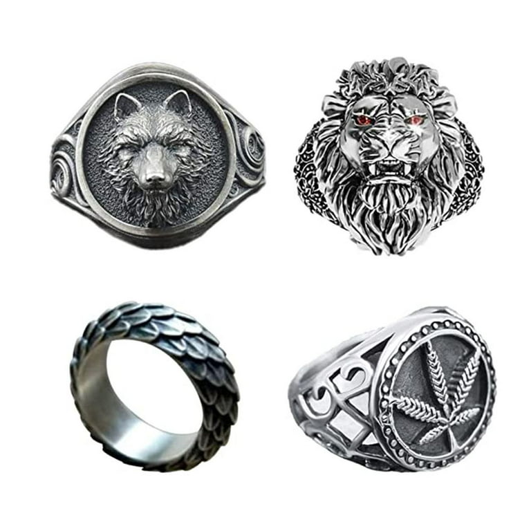 4 Pcs Men s Rings Band Stainless Steel Rings for Men Ring Set Vintage Gothic Biker Ring Silver Retro Ring Set Size O V 1 2