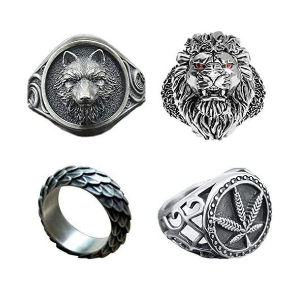 4 Pcs Men's Rings Band Stainless Steel Rings for Men Ring Set Vintage Gothic Biker Ring Silver Retro Ring Set Size O-V 1/2