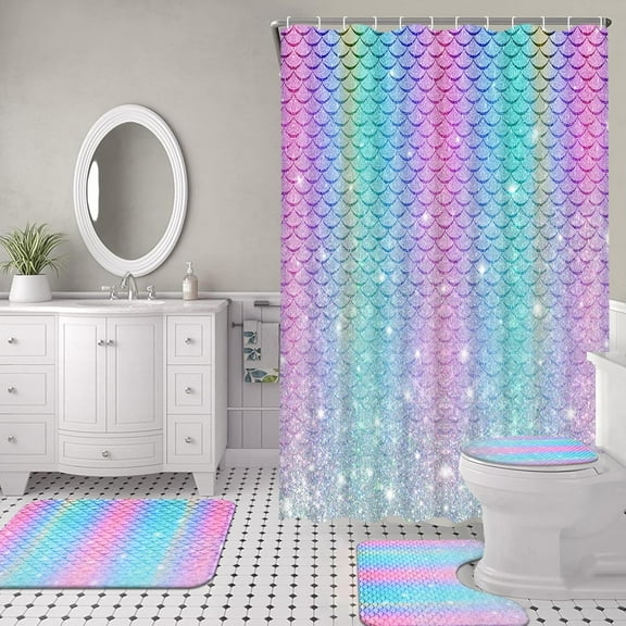 4 Pcs Mermaid Rainbow Kids Shower Curtain Sets with Rugs, Pink Bling Glitter Girls Bathroom Set with Shower Curtain and Rugs, Ocean Themed Bathroom Sets Decor for Women