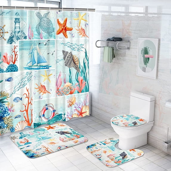 4 Pcs Mermaid Shower Curtain Set with Non-Slip Rugs Toilet Lid Cover and Bath Mat Kids Ocean Fabric Shower Curtains with 12 Hooks Colorful Coral Starfish Shower Curtains for Bathroom