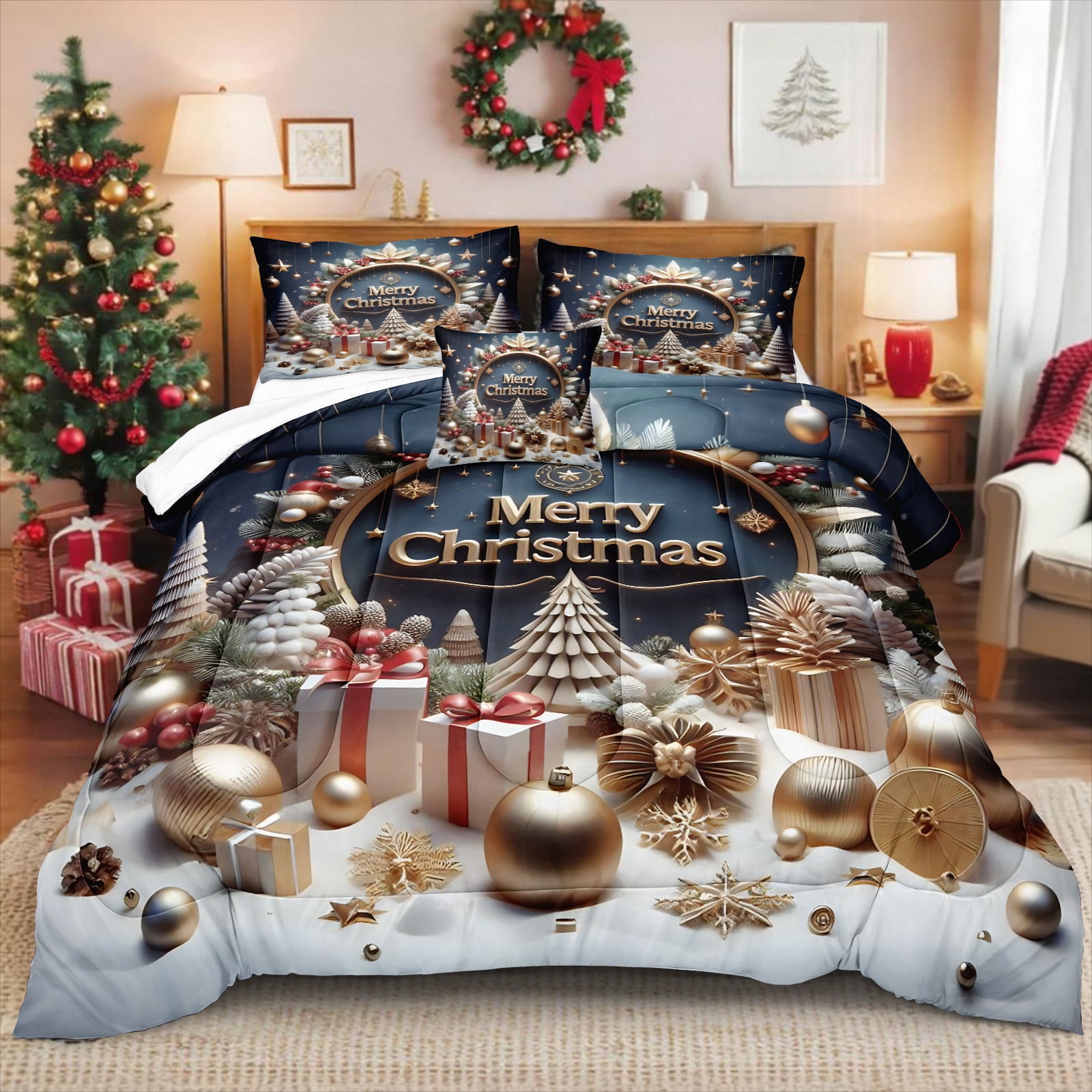 4 Pcs Merry Christmas Bedding Set Queen/King Size Christmas Comforter ...