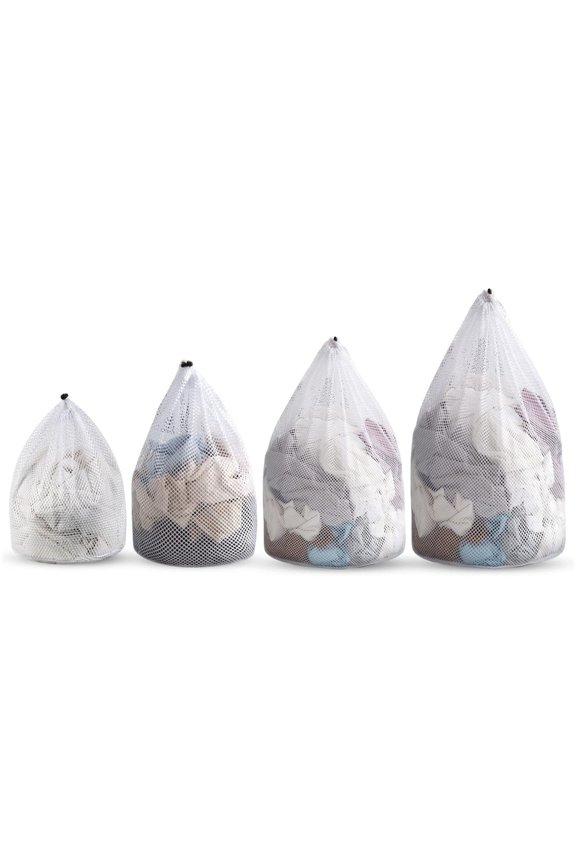4 Pcs Mesh Laundry Bag,Washable Laundry Bags with Drawstring White Laundry Hamper Liner,Heavy Duty Mesh Bag,Laundry Washing Bag for College Dorm Travel,4 Size (Coarse Style)